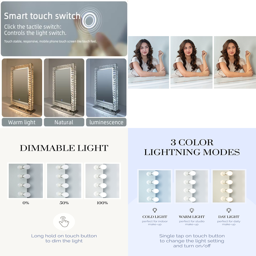 80 x 60cm Crystal Frame Vanity Mirror with 3 Lights Control