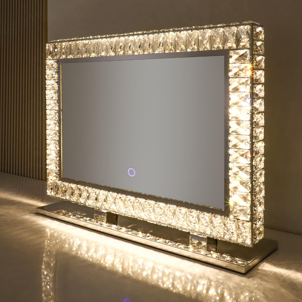 80 x 60cm Crystal Frame Vanity Mirror with 3 Lights Control