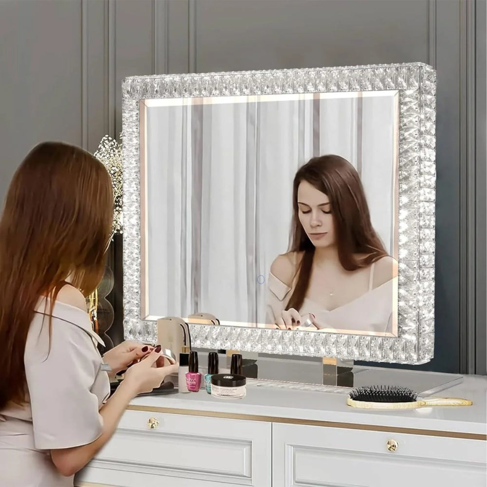 80 x 60cm Crystal Frame Vanity Mirror with 3 Lights Control