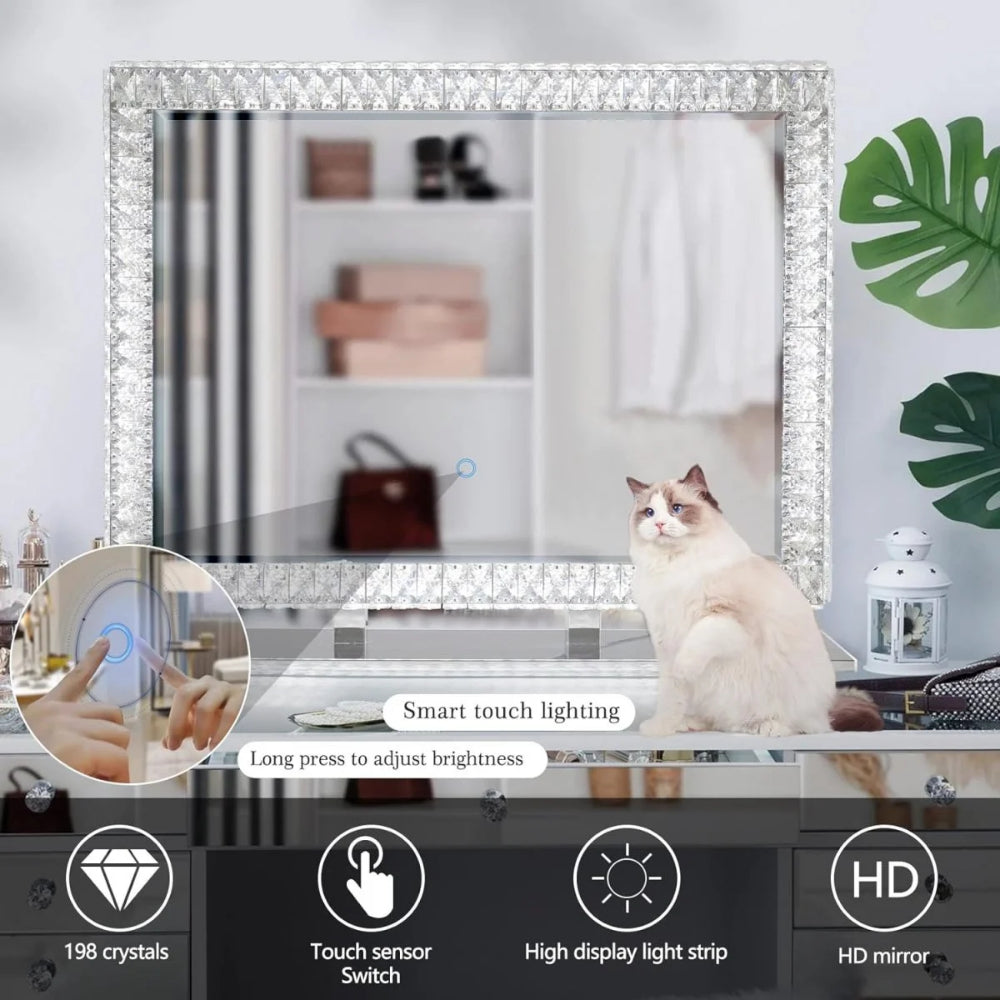 80 x 60cm Crystal Frame Vanity Mirror with 3 Lights Control