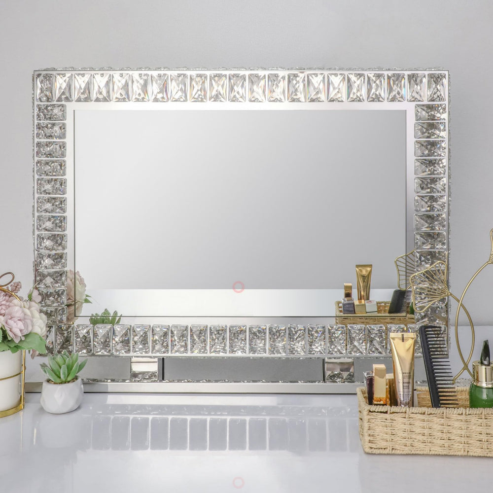 80 x 60cm Crystal Frame Vanity Mirror with 3 Lights Control