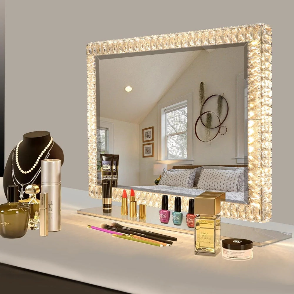 80 x 60cm Crystal Frame Vanity Mirror with 3 Lights Control